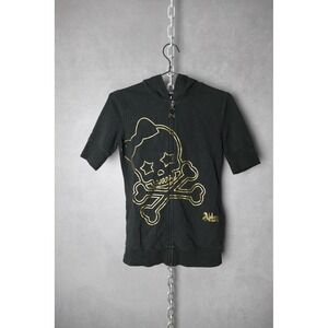 Abbey‎ Dawn Black Skull Graphic Short Sleeve Zip Up Hoodie Womens Medium